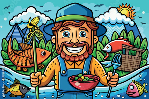 Cartoon fisherman smiling with colorful fish and nature scene in the background