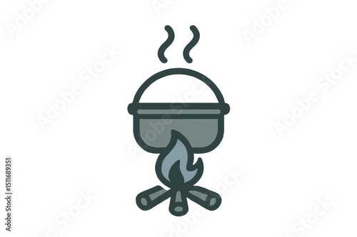 Minimal icon of a boiling pot over an open fire, symbolizing outdoor cooking and rustic campfire meal preparation.