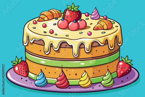 Colorful birthday cake decorated with fruits and icing in a playful display on a blue background