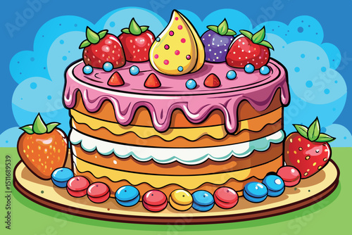 Colorful birthday cake with strawberries and candy decorations on a sunny day