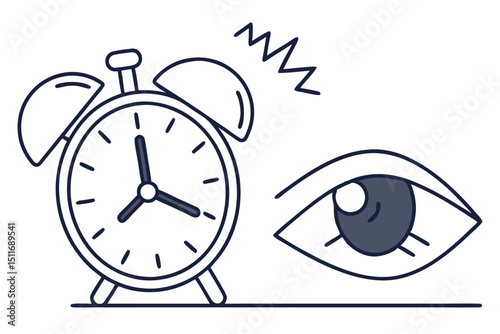 Alarm clock and a wide-open eye signify the start of a new day and the urgency of waking up early