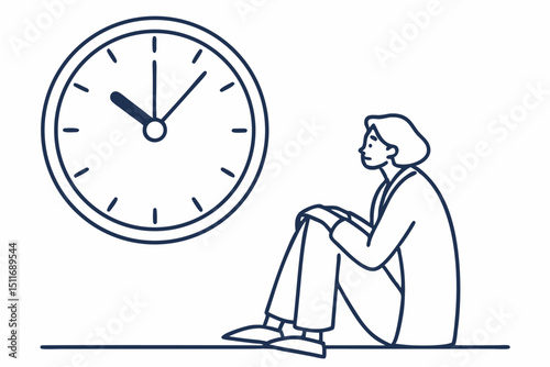 Person sitting beside a clock, contemplating time in a minimalist setting during the afternoon