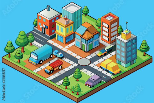 Digital representation of a colorful city block with vehicles, buildings, and trees showcasing urban planning elements