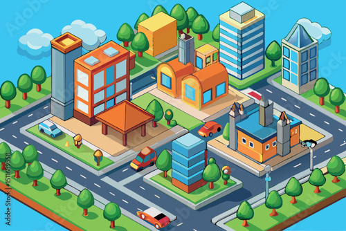 Urban landscape with colorful buildings and cars in a vibrant city setting