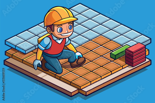 Worker laying tiles on a colorful floor in a construction setting during daytime with blue background