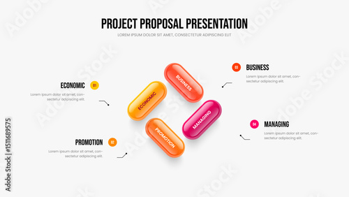 Modern Introduction 4 Option Diagram Slide Design. Market Review Four Element Infographic Slideshow Layout. Marketing Overview Frame Template Vector Illustration.