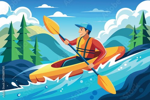 Kayaker navigating rapids in a vibrant mountain landscape during a sunny day