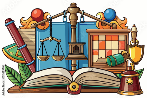 Legal symbolism depicted through various objects in a colorful illustration showcasing law and knowledge