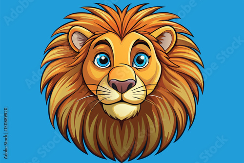 Bright and colorful lion face illustration with expressive blue eyes and detailed mane