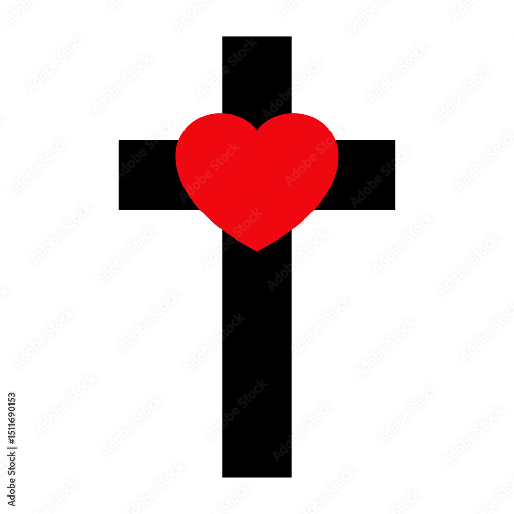 Logo con corazón en cruz cristiana. Icono de cruz religiosa