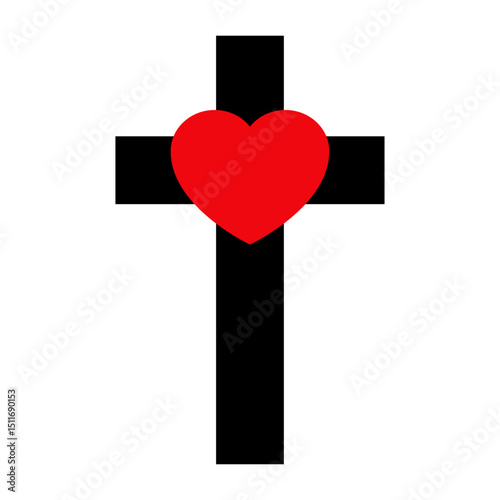 Logo con corazón en cruz cristiana. Icono de cruz religiosa