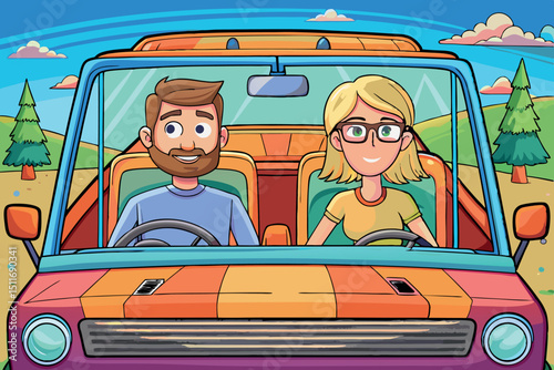 Friends enjoying a colorful road trip in a vintage convertible on a sunny day