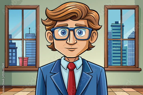 Businessman in a suit presents a friendly demeanor in an office environment with city skyline view during daytime