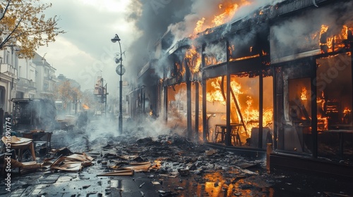 Severely burned cafe on the street