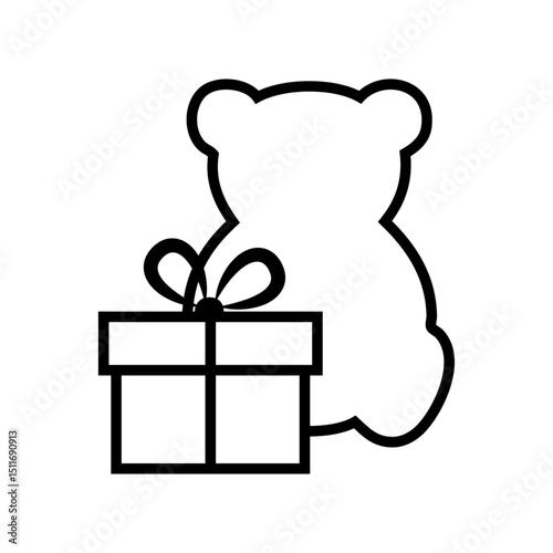 ILogo tienda de regalos. Silueta lineal de caja de regalo con osito de peluche 