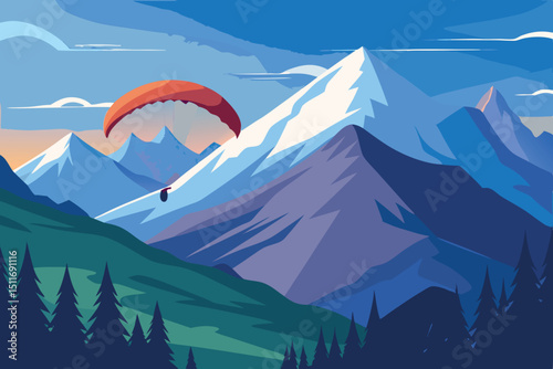 Paraglider soaring over majestic mountain range during sunset with vibrant skies and lush green forests