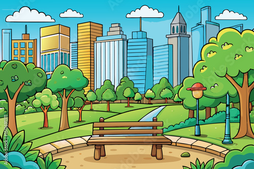 City park with green trees and colorful skyline on a sunny day