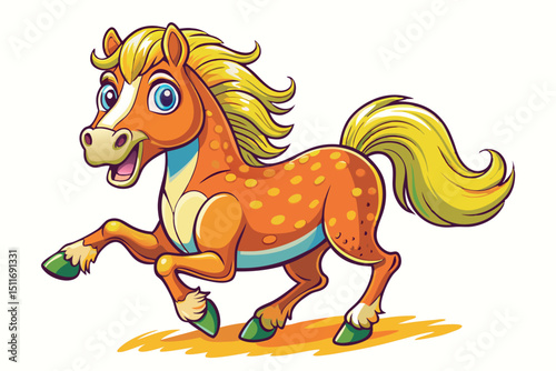 Colorful cartoon horse running happily in a sunny field with vibrant yellow hair and spotted orange coat