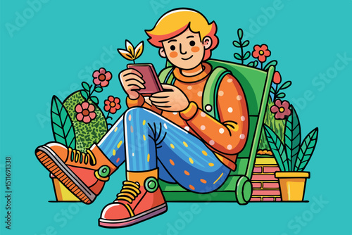 Young person enjoying a relaxing moment while using a smartphone in a colorful garden setting with plants and flowers