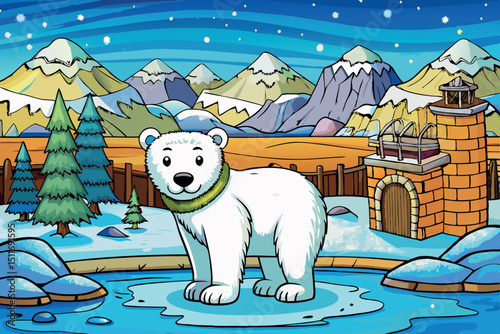 Colorful illustration of a polar bear in a snowy landscape with mountains and pine trees during winter