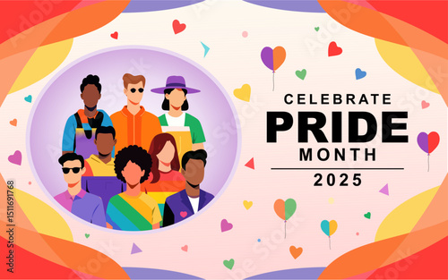 Celebrate LGBT Pride Month 2025 With people of different races and Colorful Rainbow Pride Background. Best for Banners, Greeting Cards, Posters and Social Media. Vector Illustrations.