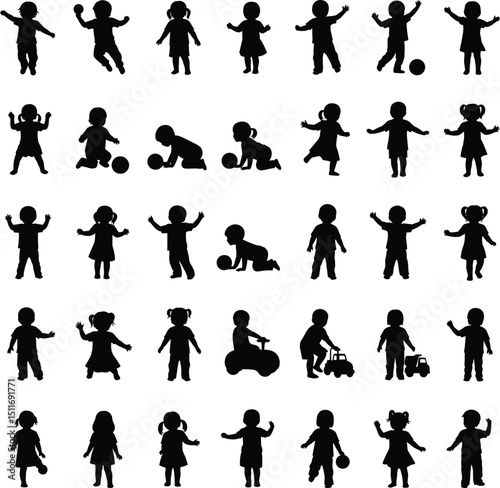 Black silhouette collection of children playing running crawling and interacting in various ways