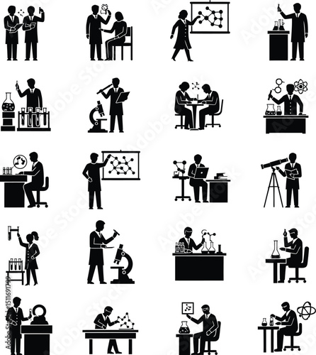 Black and white icon set depicting scientists working in a science laboratory environment