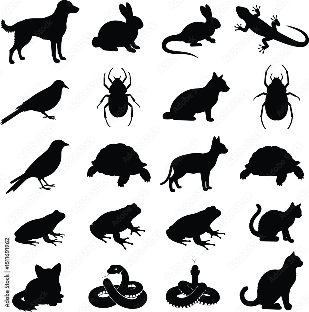 Fototapeta premium Collection of black silhouettes featuring various animals depicting wildlife and natural forms