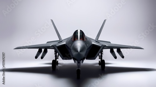 A stealth fighter jet with a gray fuselage, black canopy, and retractable landing gear, facing the camera against a white background