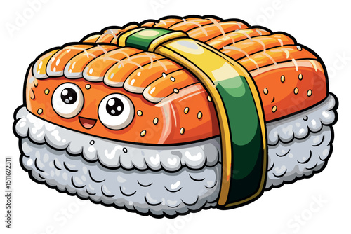 Cute sushi character expressing joy in a playful cartoon style, perfect for children's illustrations and food-themed designs