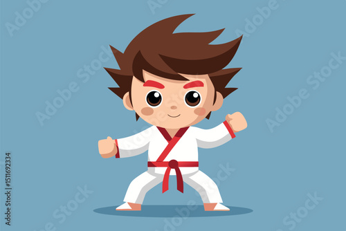 Young martial artist demonstrating karate stance in a vibrant blue background while wearing a white uniform and red belt