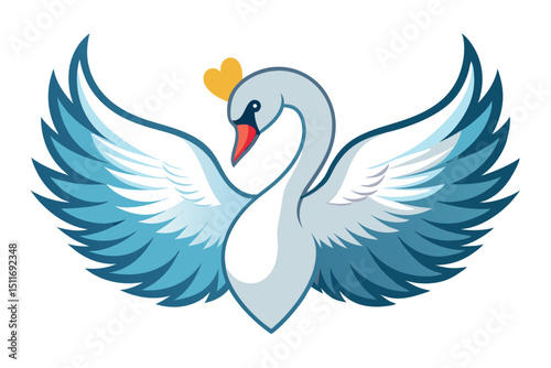 Swan with outstretched wings and golden crown design in a vibrant blue color scheme