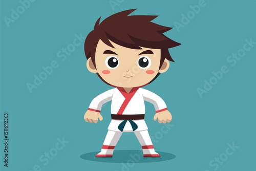 Young martial artist poses confidently in a cartoon style with a vibrant background