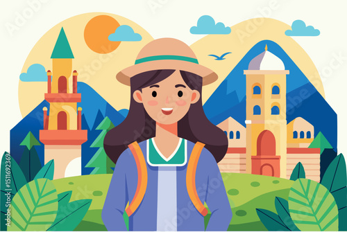 Young traveler exploring a picturesque landscape with mountains and historical buildings in bright daylight