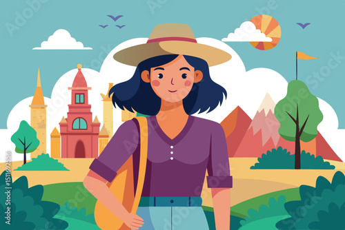 Young woman enjoying nature in a vibrant landscape with mountains and historic buildings during a sunny day