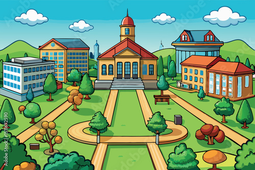 Colorful cartoon landscape depicting a lively town square with buildings and trees on a sunny day