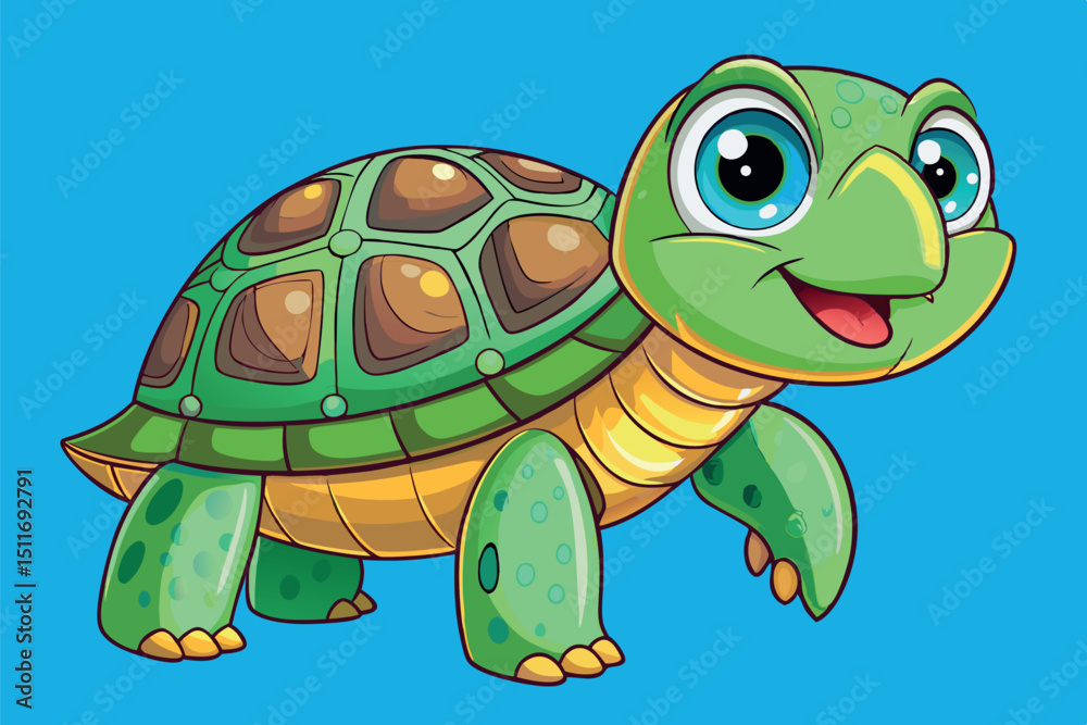 Fototapeta premium Cheerful cartoon turtle on a vibrant blue background displaying friendly features and a playful demeanor