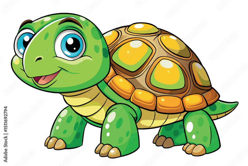 Fototapeta premium Happy cartoon turtle smiling in a colorful, vibrant setting with animated features