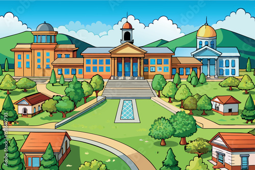 Colorful cartoon depiction of a vibrant university campus with diverse buildings and lush greenery