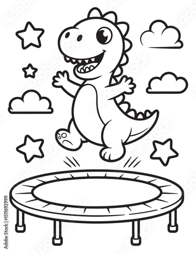 Happy Dinosaur Jumping on a Trampoline with Stars - Coloring page