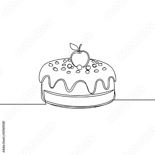 Cake, sweet and delicious, with an apple on top, minimalist line art