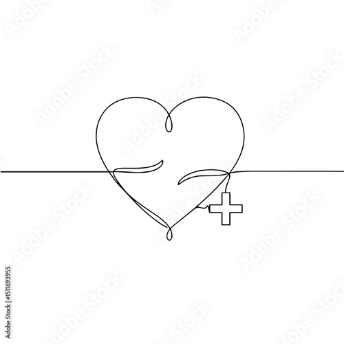 Heart symbol, love and care, with a medical cross, minimalist line art