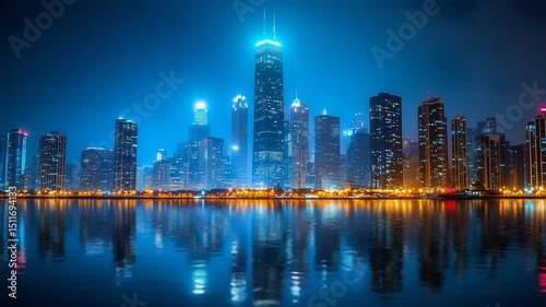 Wallpaper Mural Nighttime skyline of a vibrant city reflecting on water Torontodigital.ca