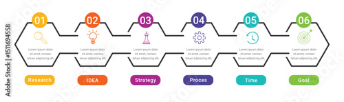 Concept of arrow business model with 6 successive steps. Six colorful graphic elements. Timeline design for brochure, presentation. Infographic design layout