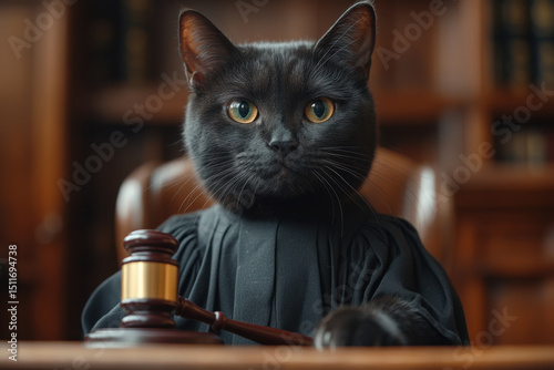 Black cat in judge's robes sitting at desk.