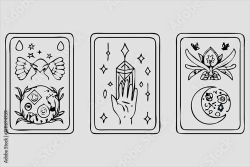 Hand Drawn Tarot Card Illustrations Featuring Celestial and Mystical Symbols