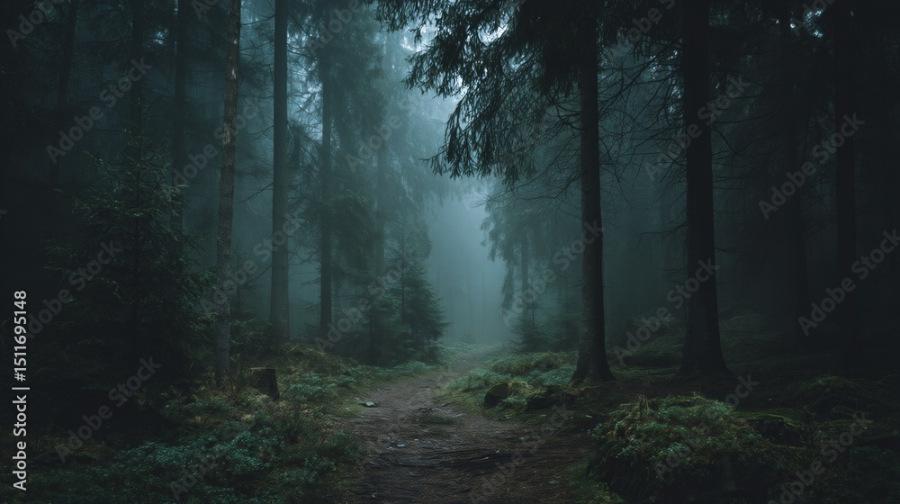 Obraz premium A dark forest path shrouded in mist, where mystery lingers in the soft light.