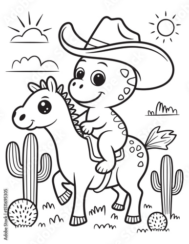 Cowboy Dinosaur Riding a Horse in the Desert - Coloring Page