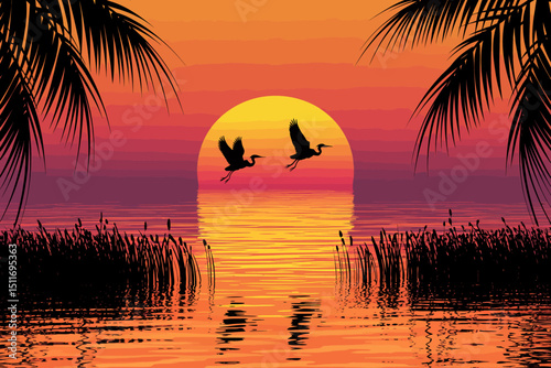 Tropical Sunset with Herons