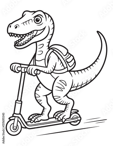 Dinosaur Riding a Scooter with a Backpack - Line art Coloring page